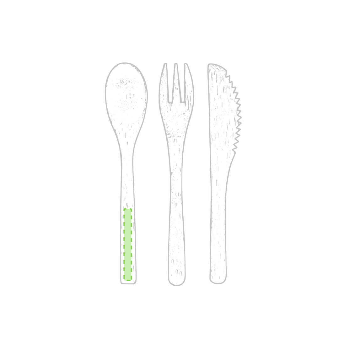 Set 3 cubiertos de bambú natural — tenedor, cuchara y cuchillo — en funda de algodón con cordón