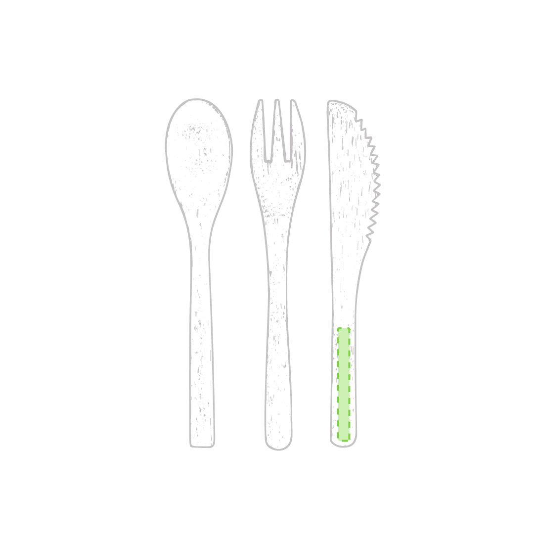 Set 3 cubiertos de bambú natural — tenedor, cuchara y cuchillo — en funda de algodón con cordón