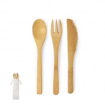 Set 3 cubiertos de bambú natural — tenedor, cuchara y cuchillo — en funda de algodón con cordón