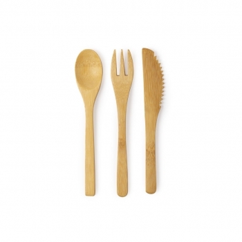 Set 3 cubiertos de bambú natural — tenedor, cuchara y cuchillo — en funda de algodón con cordón