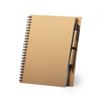 Libreta de cartón reciclado rígida con 80 hojas y bolígrafo incluido