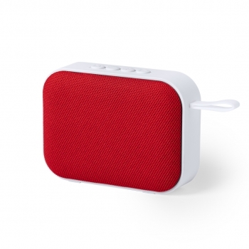 Altavoz Bluetooth 5.0 bicolor con rejilla de poliéster, asa en silicona a juego, radio FM y 3W