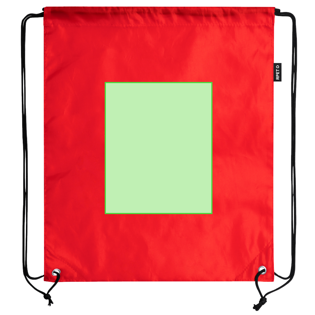 Mochila de cuerdas de RPET con argollas metálicas, distintivo RPET y sublimación