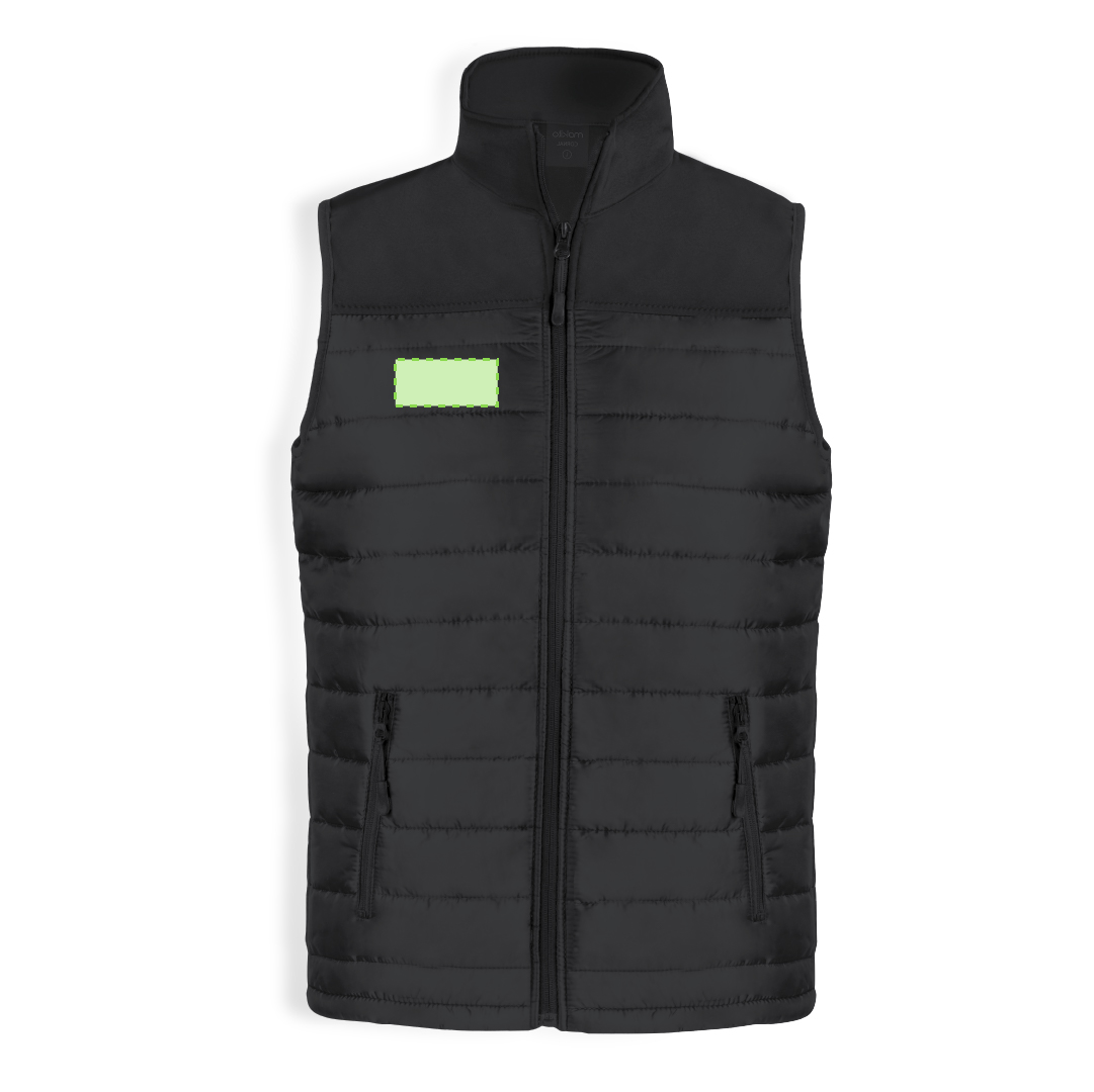 Chaleco Bordy adulto soft shell — combinación soft shell / poliéster impermeable y transpirable, color negro, bolsillos cremallera, tallas S-XXL