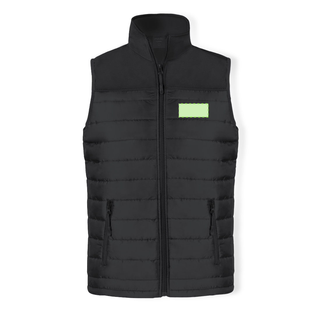 Chaleco Bordy adulto soft shell — combinación soft shell / poliéster impermeable y transpirable, color negro, bolsillos cremallera, tallas S-XXL