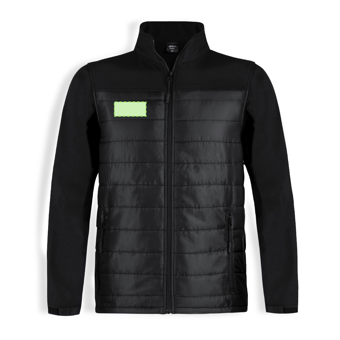 Chaqueta Cornal adulto soft shell — combinación soft shell / poliéster impermeable y transpirable, color negro, puños ajustables, tallas S-XXL