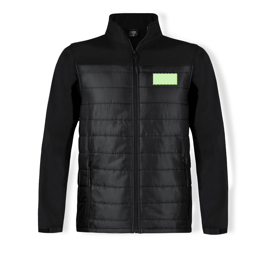 Chaqueta Cornal adulto soft shell — combinación soft shell / poliéster impermeable y transpirable, color negro, puños ajustables, tallas S-XXL