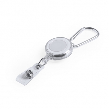 Portacreditaciones extensible hasta 65 cm con botón de sujeción y mosquetón metálico
