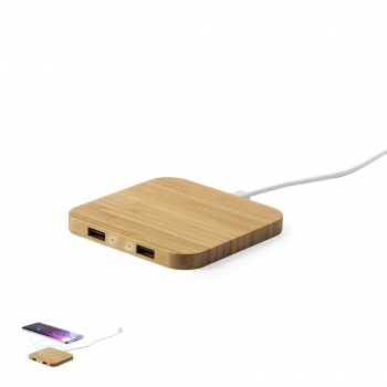 Cargador inalámbrico de bambú 10W multidispositivo con salidas USB