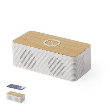 Altavoz Bluetooth 5.0 de 5W con carga inalámbrica rápida 10W en caña de trigo, ABS y bambú