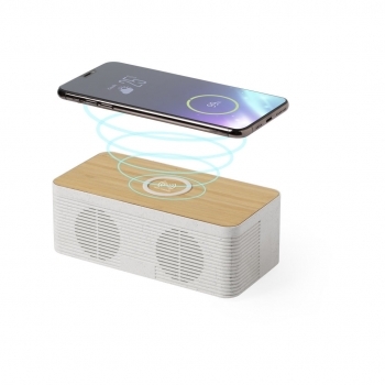 Altavoz Bluetooth 5.0 de 5W con carga inalámbrica rápida 10W en caña de trigo, ABS y bambú