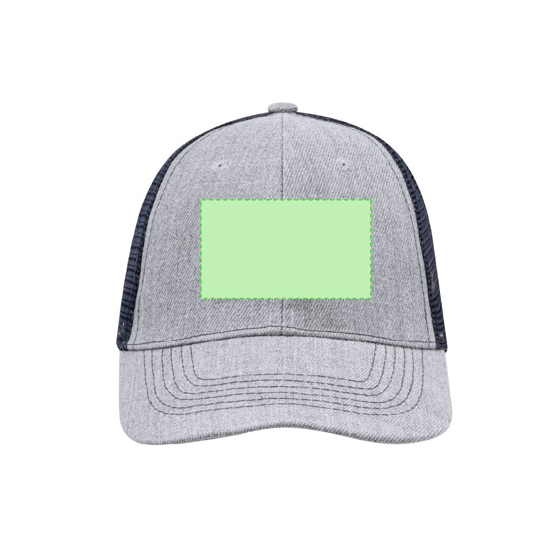 Gorra 6 paneles bicolor de poliéster con tela de rejilla, ventilación bordada y cierre de plástico