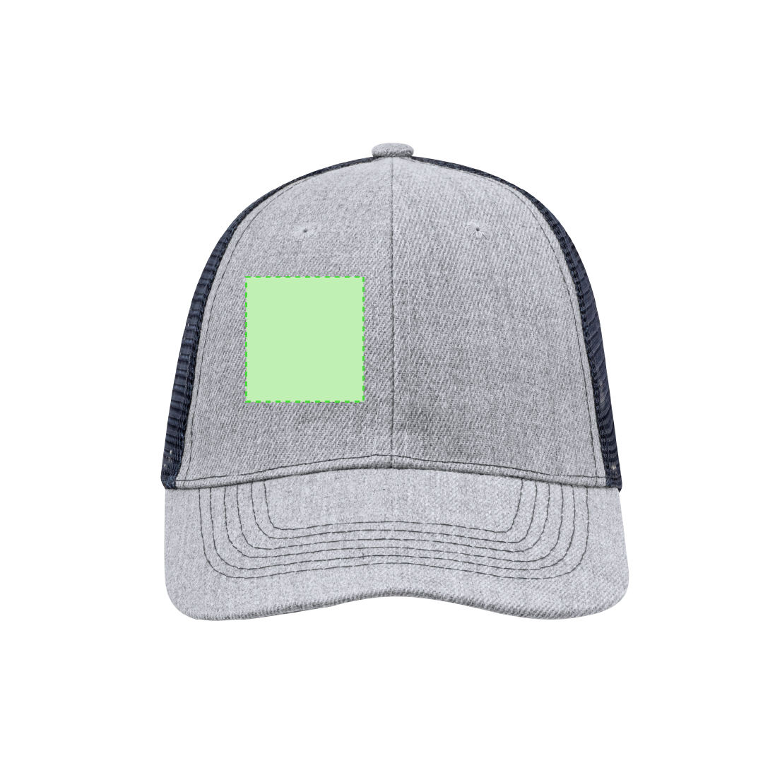 Gorra 6 paneles bicolor de poliéster con tela de rejilla, ventilación bordada y cierre de plástico