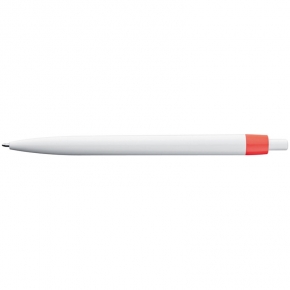 Bolígrafo de plástico blanco con clip de colores.