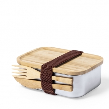 Fiambrera de acero inox 600 ml con tapa y cubiertos de bambú — línea nature