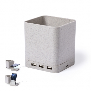 Lapicero multifunción de caña de trigo con cargador Qi 5W y 3 puertos USB