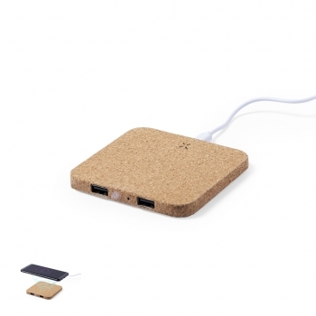 Cargador inalámbrico de corcho natural 10W con salidas USB adicionales