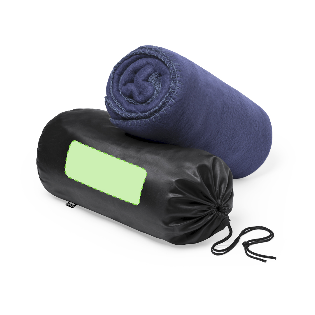 Manta en polar fleece RPET de 200 g/m² con funda de cordón a juego en RPET y distintivo en etiquetas