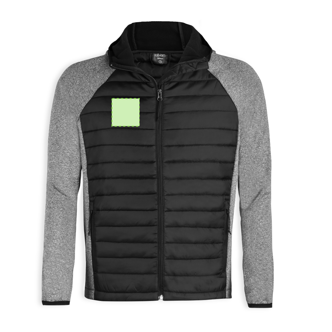 Chaqueta Kimpal adulto soft shell con acolchado tacto pluma — combinación soft shell / poliéster, manga ranglán con ribetes, negro y gris