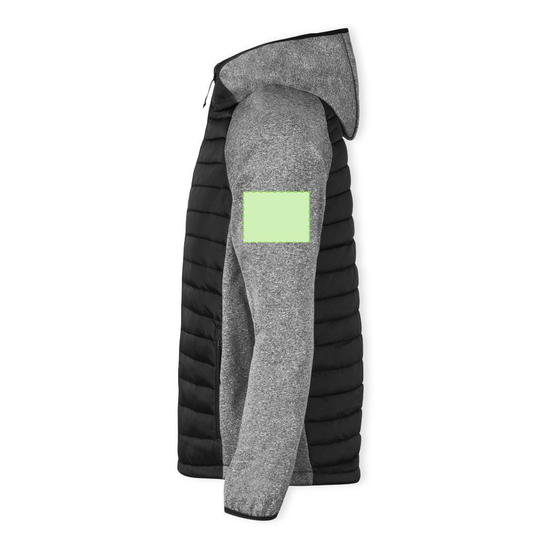 Chaqueta Kimpal adulto soft shell con acolchado tacto pluma — combinación soft shell / poliéster, manga ranglán con ribetes, negro y gris
