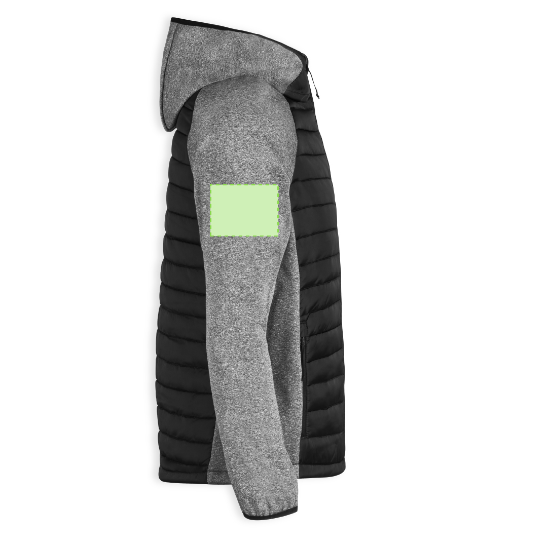 Chaqueta Kimpal adulto soft shell con acolchado tacto pluma — combinación soft shell / poliéster, manga ranglán con ribetes, negro y gris