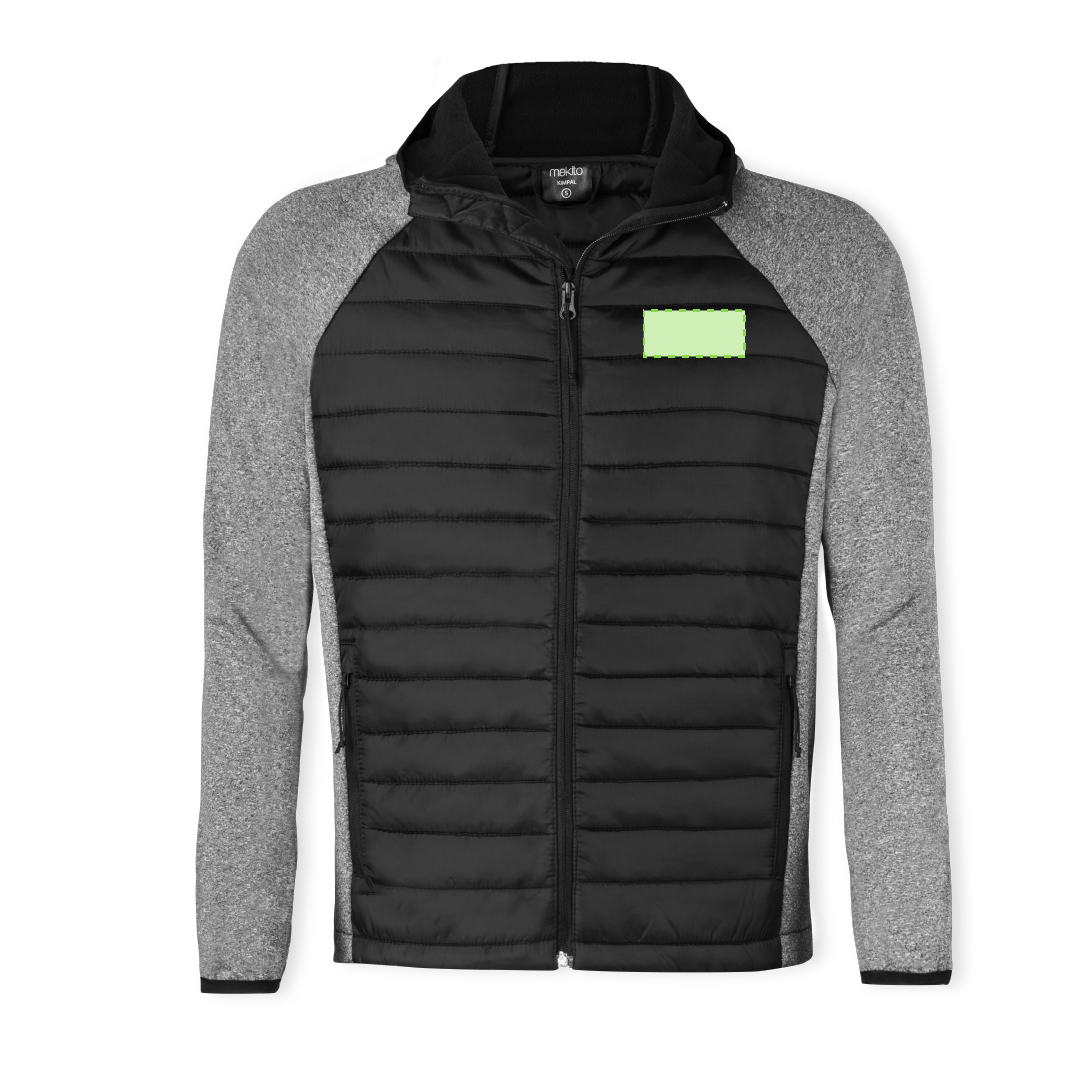 Chaqueta Kimpal adulto soft shell con acolchado tacto pluma — combinación soft shell / poliéster, manga ranglán con ribetes, negro y gris