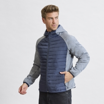 Chaqueta Kimpal adulto soft shell con acolchado tacto pluma — combinación soft shell / poliéster, manga ranglán con ribetes, negro y gris
