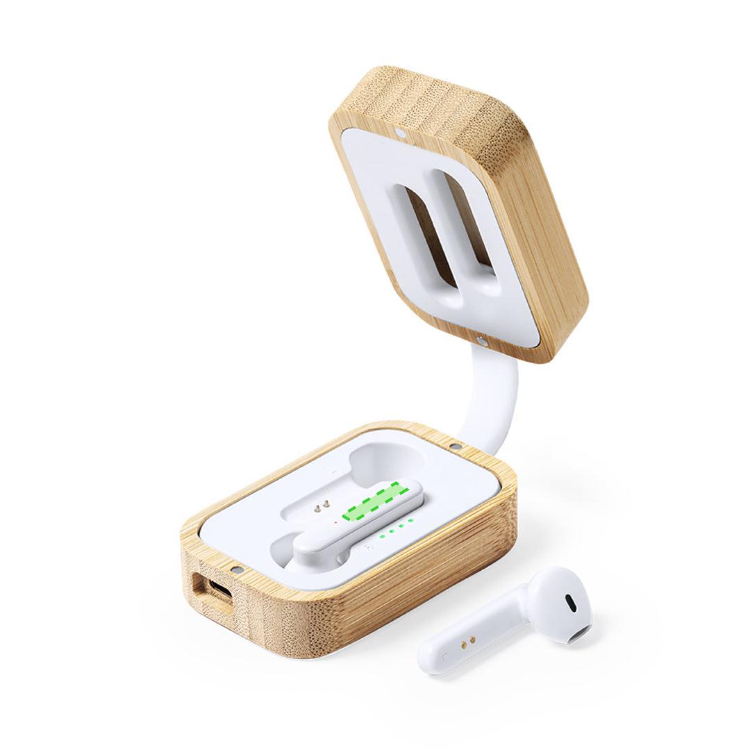 Auriculares intraurales Bluetooth 5.0 nature con estuche cargador de bambú, LED carga y táctil