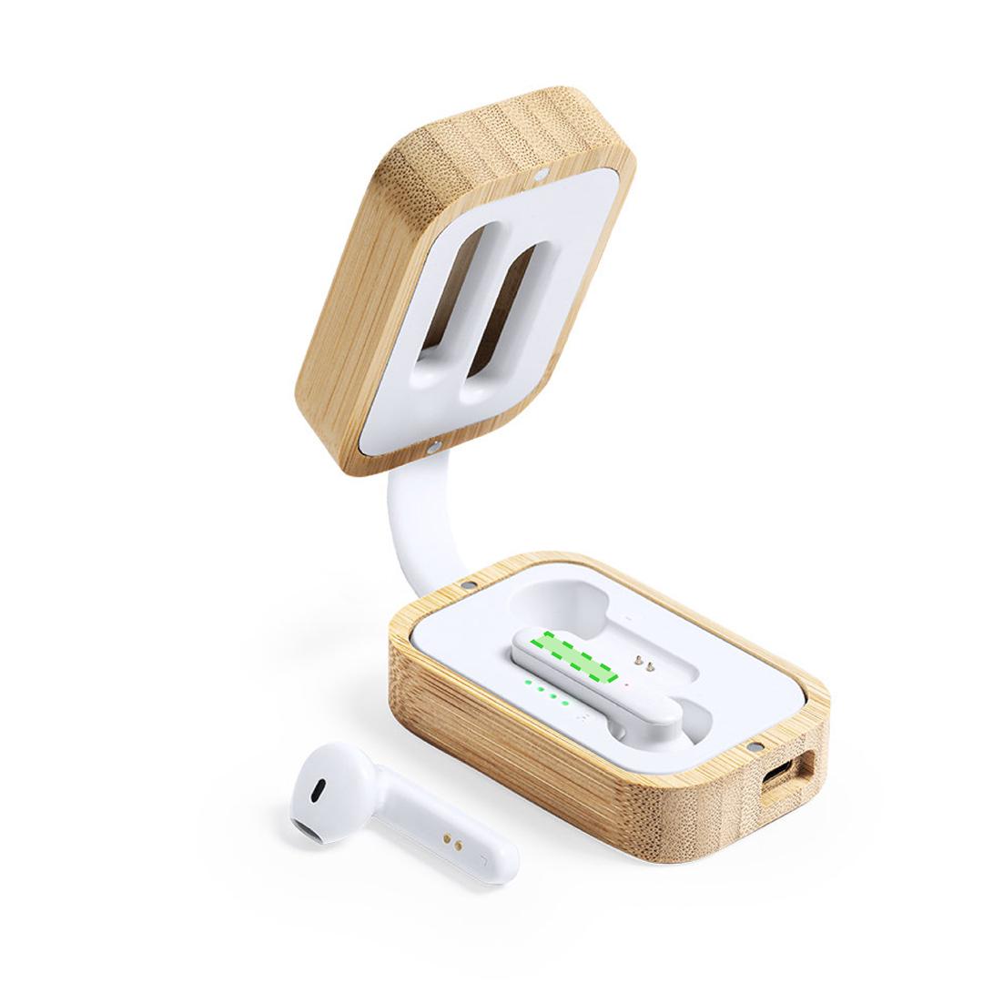 Auriculares intraurales Bluetooth 5.0 nature con estuche cargador de bambú, LED carga y táctil