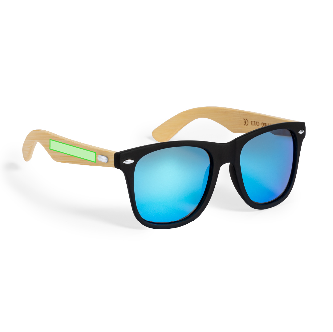 Gafas de sol de línea nature UV400 con montura de PC negro y patillas de bambú — lentes AC espejo en variada gama de colores, en caja eco