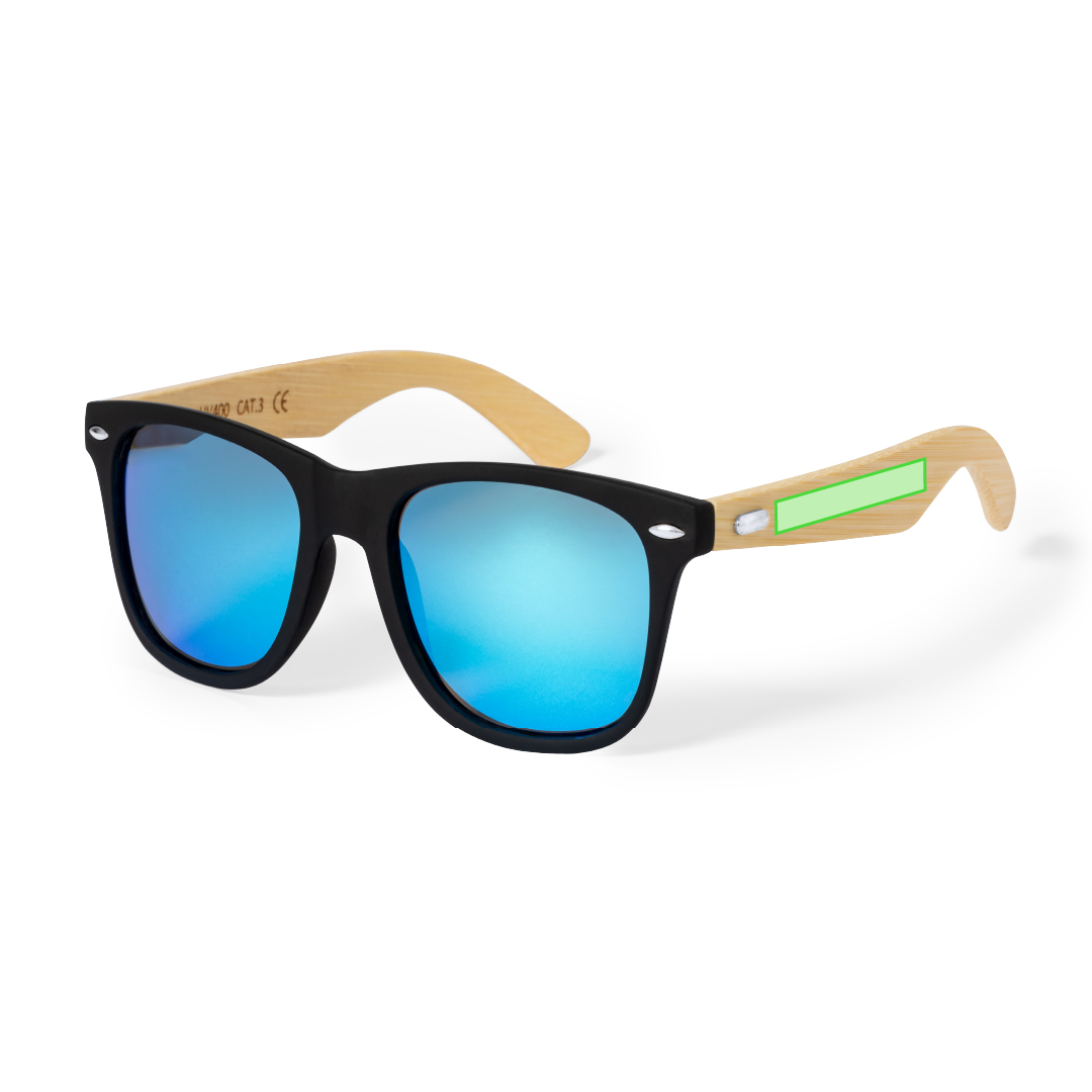 Gafas de sol de línea nature UV400 con montura de PC negro y patillas de bambú — lentes AC espejo en variada gama de colores, en caja eco