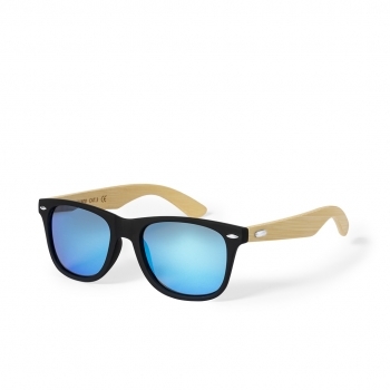 Gafas de sol de línea nature UV400 con montura de PC negro y patillas de bambú — lentes AC espejo en variada gama de colores, en caja eco