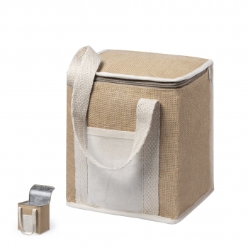 Nevera de yute laminado con interior de aluminio, asas y bolsillo exterior de algodón — línea nature