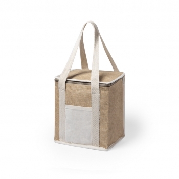 Nevera de yute laminado con interior de aluminio, asas y bolsillo exterior de algodón — línea nature