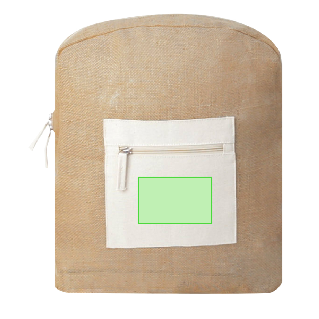Mochila bicolor de yute y algodón con doble tirador y bolsillo frontal para marcaje