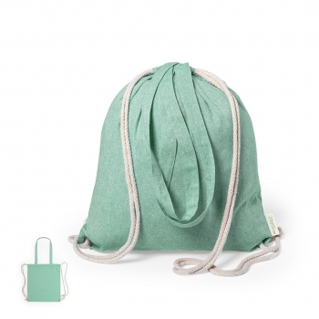 Bolsa mochila de cuerdas de algodón reciclado 140 g/m² con asas de 70 cm y argollas metálicas