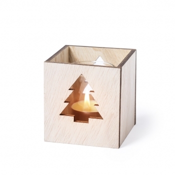 Vela aromática navideña Keylax nature — aroma vainilla, cristal con caja de madera troquelada, presentada en caja natural individual