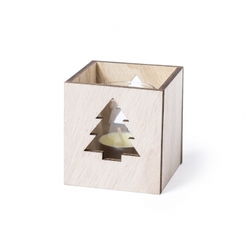 Vela aromática navideña Keylax nature — aroma vainilla, cristal con caja de madera troquelada, presentada en caja natural individual