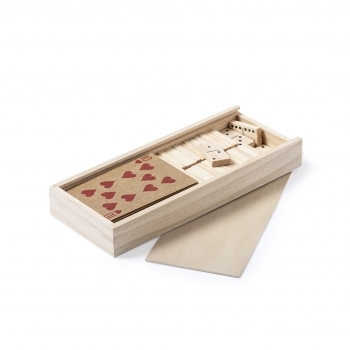 Set de 2 juegos baraja francesa reciclada y dominó de madera en estuche