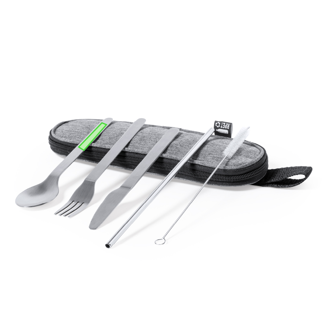 Set 5 cubiertos de acero inox reutilizables con pajita y limpiador — en estuche RPET