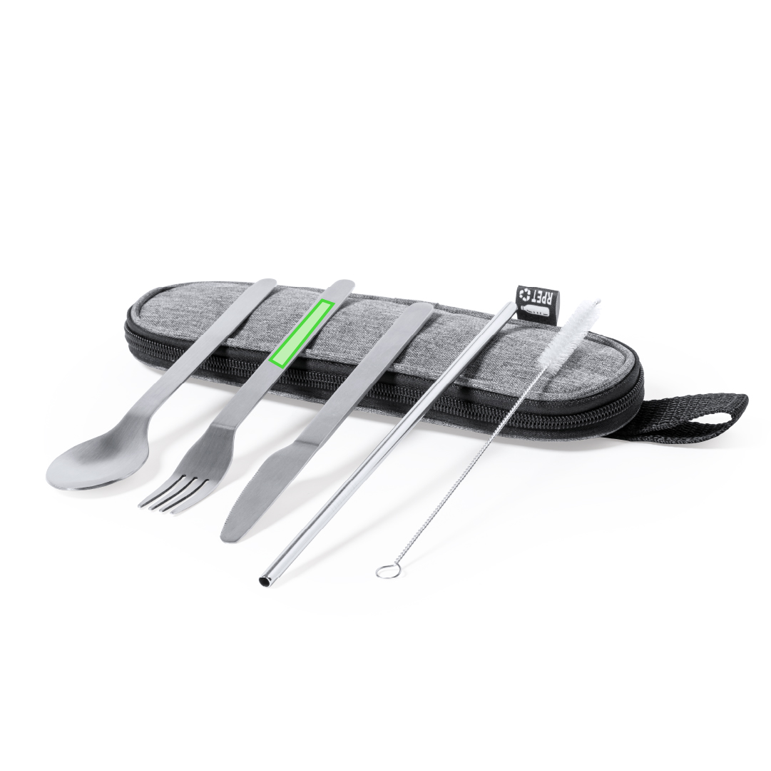 Set 5 cubiertos de acero inox reutilizables con pajita y limpiador — en estuche RPET