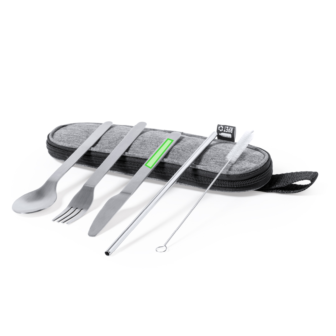 Set 5 cubiertos de acero inox reutilizables con pajita y limpiador — en estuche RPET
