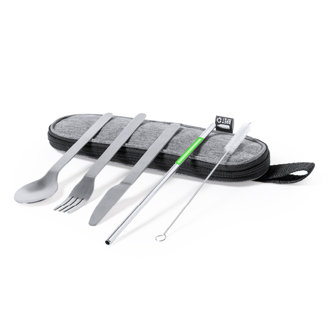 Set 5 cubiertos de acero inox reutilizables con pajita y limpiador — en estuche RPET