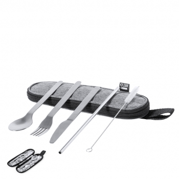 Set 5 cubiertos de acero inox reutilizables con pajita y limpiador — en estuche RPET