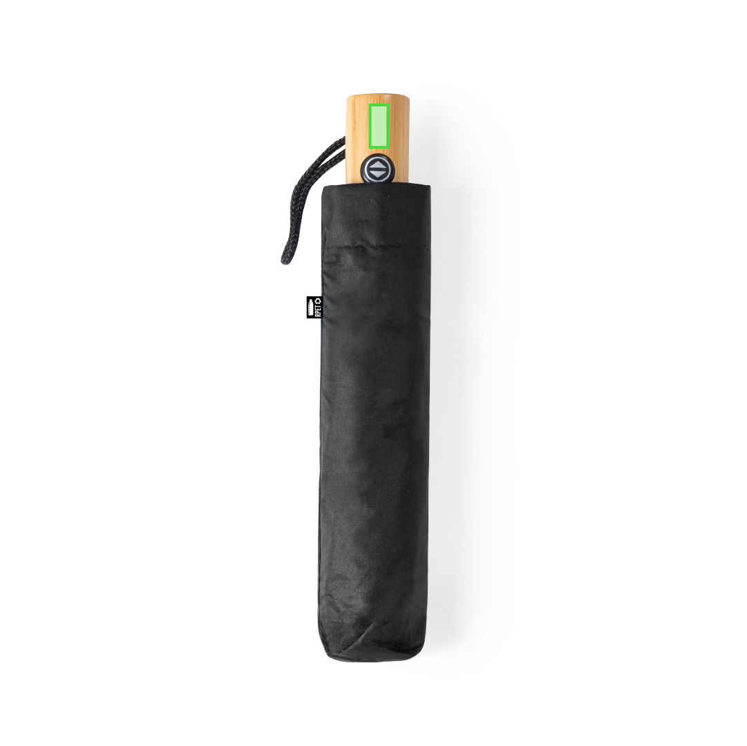 Paraguas plegable de línea nature RPET con apertura y cierre automáticos, mango de bambú y funda RPET a juego
