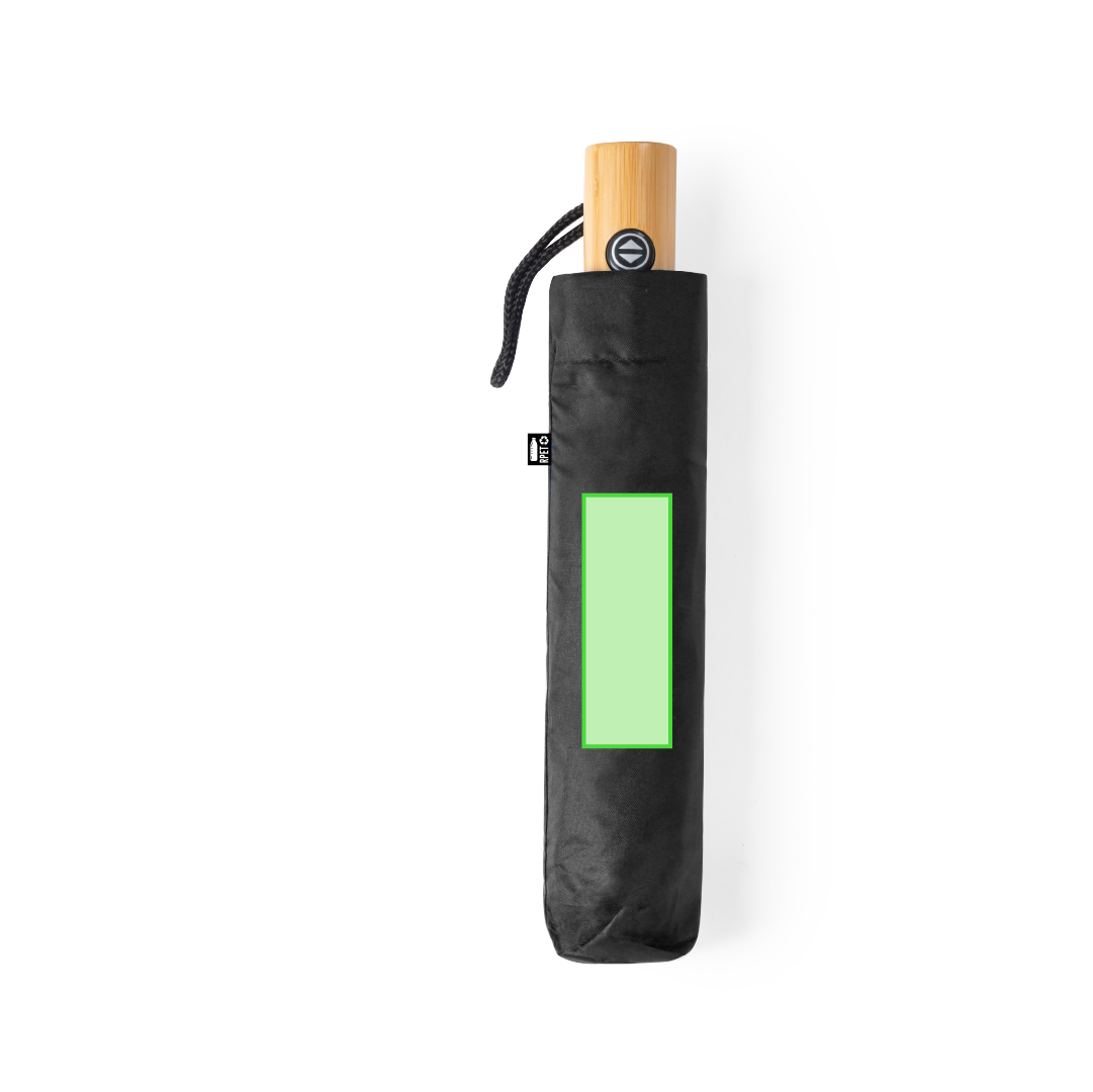 Paraguas plegable de línea nature RPET con apertura y cierre automáticos, mango de bambú y funda RPET a juego