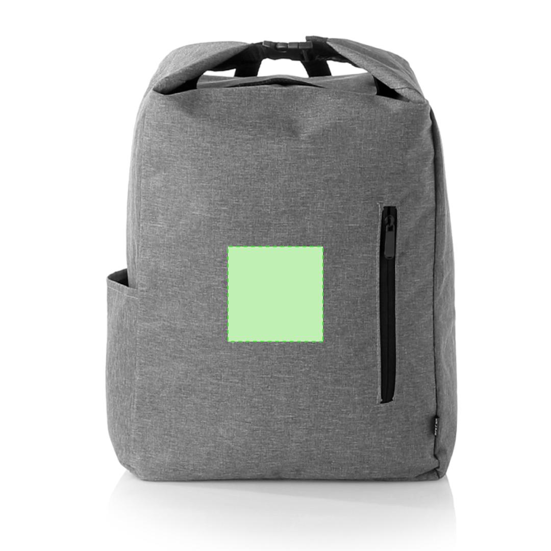 Mochila de RPET 300D con cierre de hebilla, bolsillo lateral y distintivo RPET