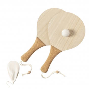 Par de palas de playa de línea nature en madera con mango de corcho natural y cintas muñeca — bolsa de algodón con pelota de caña de trigo
