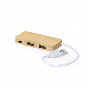 Hub USB de bambú natural con 2 puertos USB-A y 1 Tipo-C