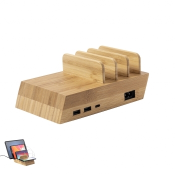 Cargador inalámbrico de bambú 10W con 3 salidas USB simultáneas